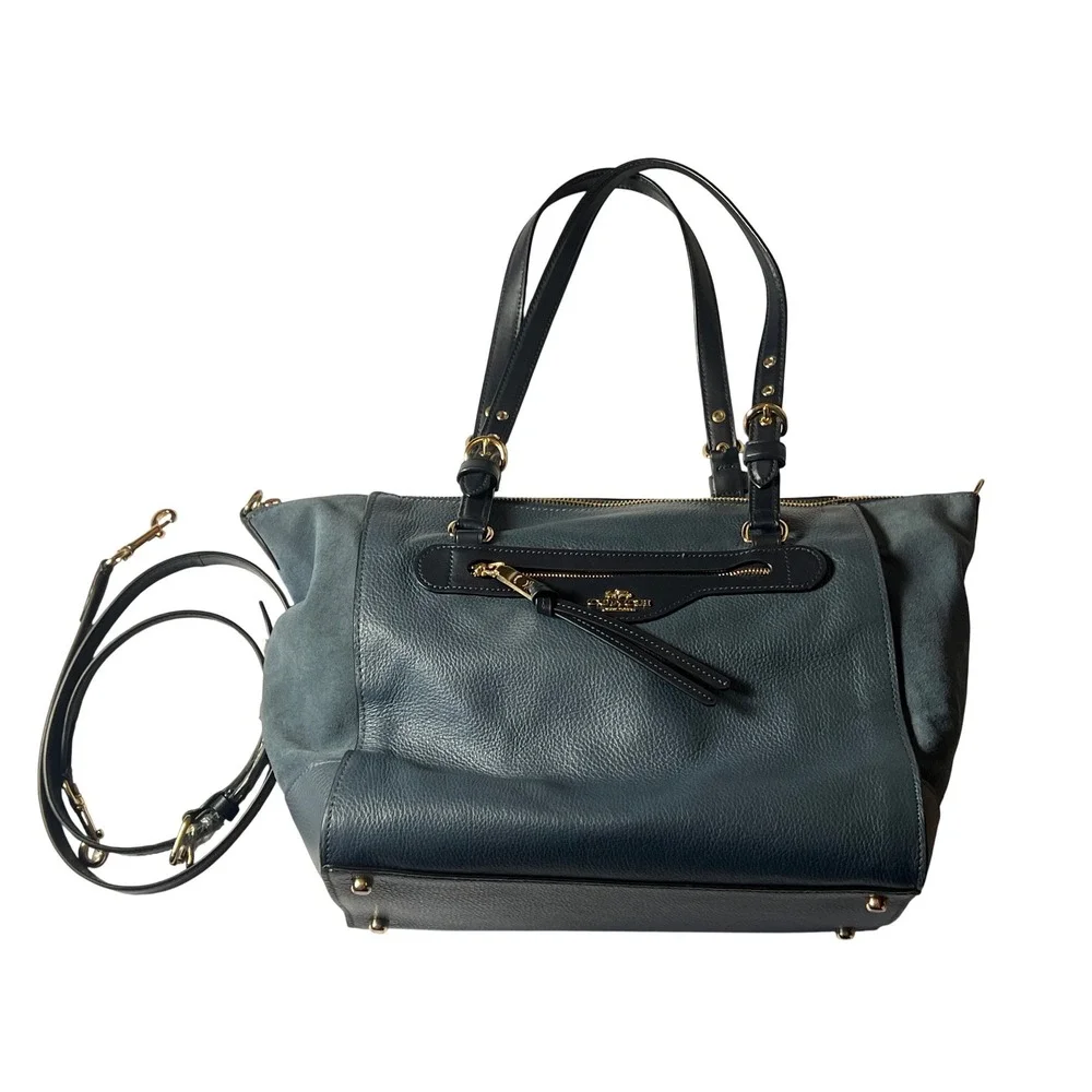 Coach Kleo Carryall Bag Teal‎ and Navy Blue Pebbled Leather Suede Handbag